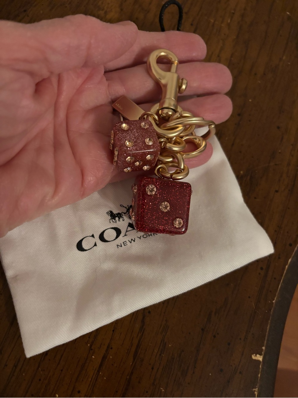 Coach Gold-Tone Keyring with Red Glitter Dice Charms - Picture 3 of 5